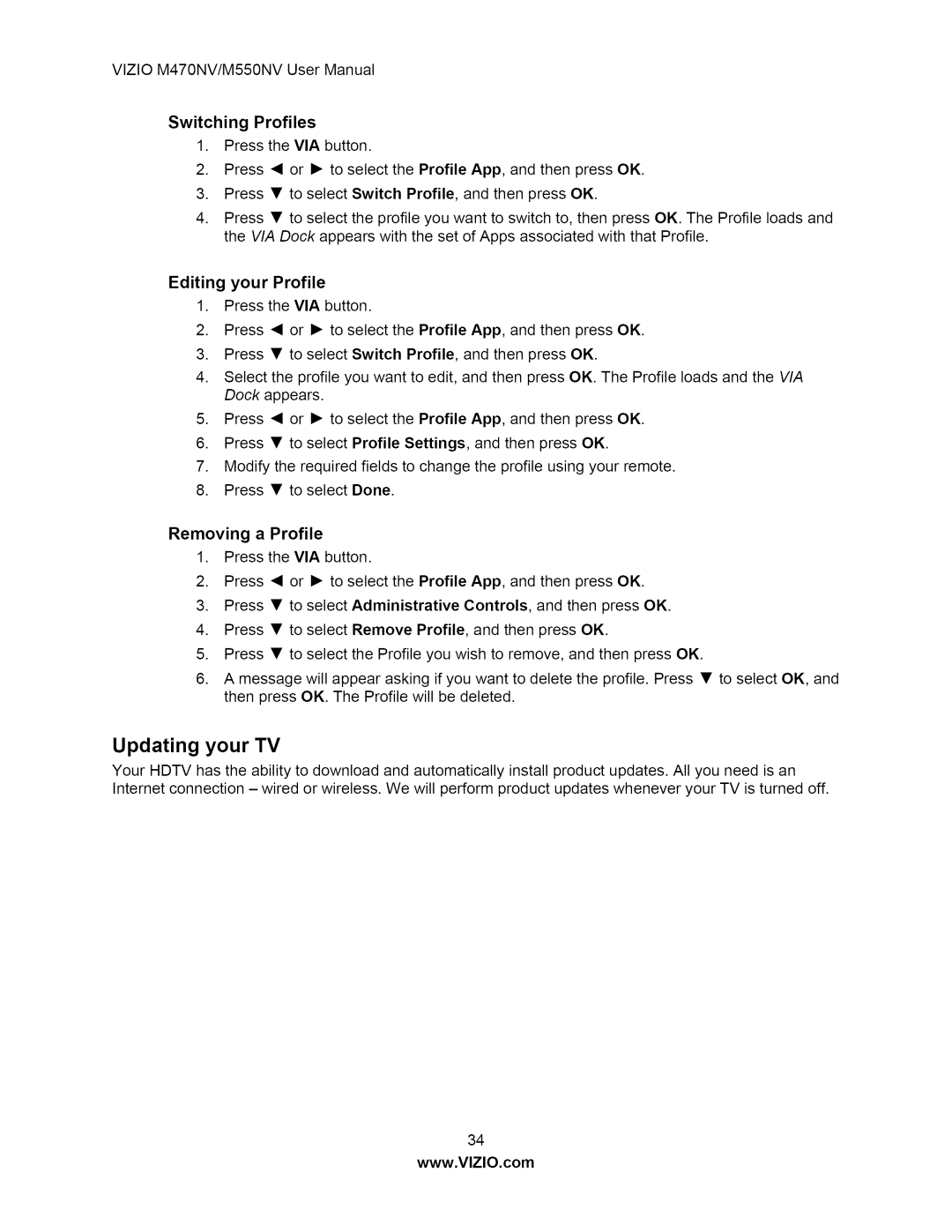Vizio M550NV user manual Updating your TV, Switching Profiles, Editing your Profile, Removing a Profile 