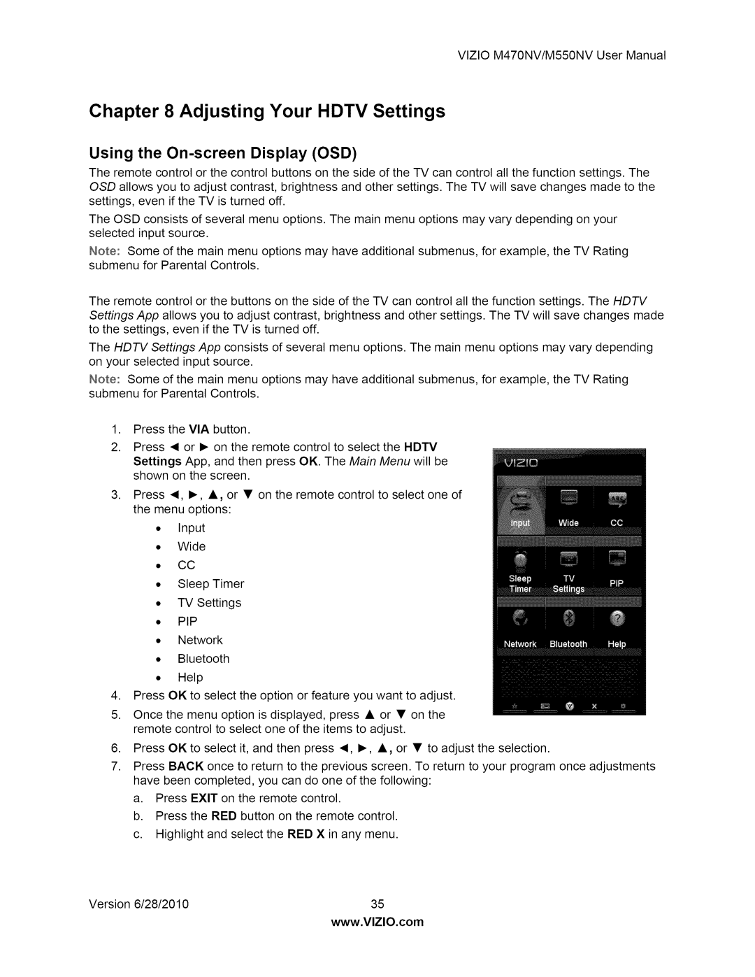 Vizio M550NV user manual Using the On-screen Display OSD, Pip 