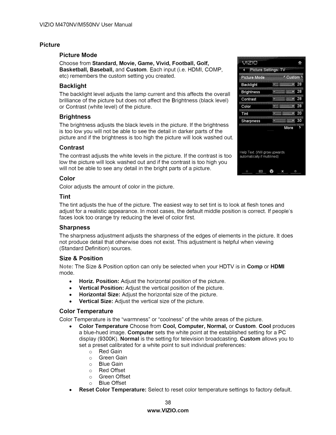 Vizio M550NV user manual Tint, Size & Position 