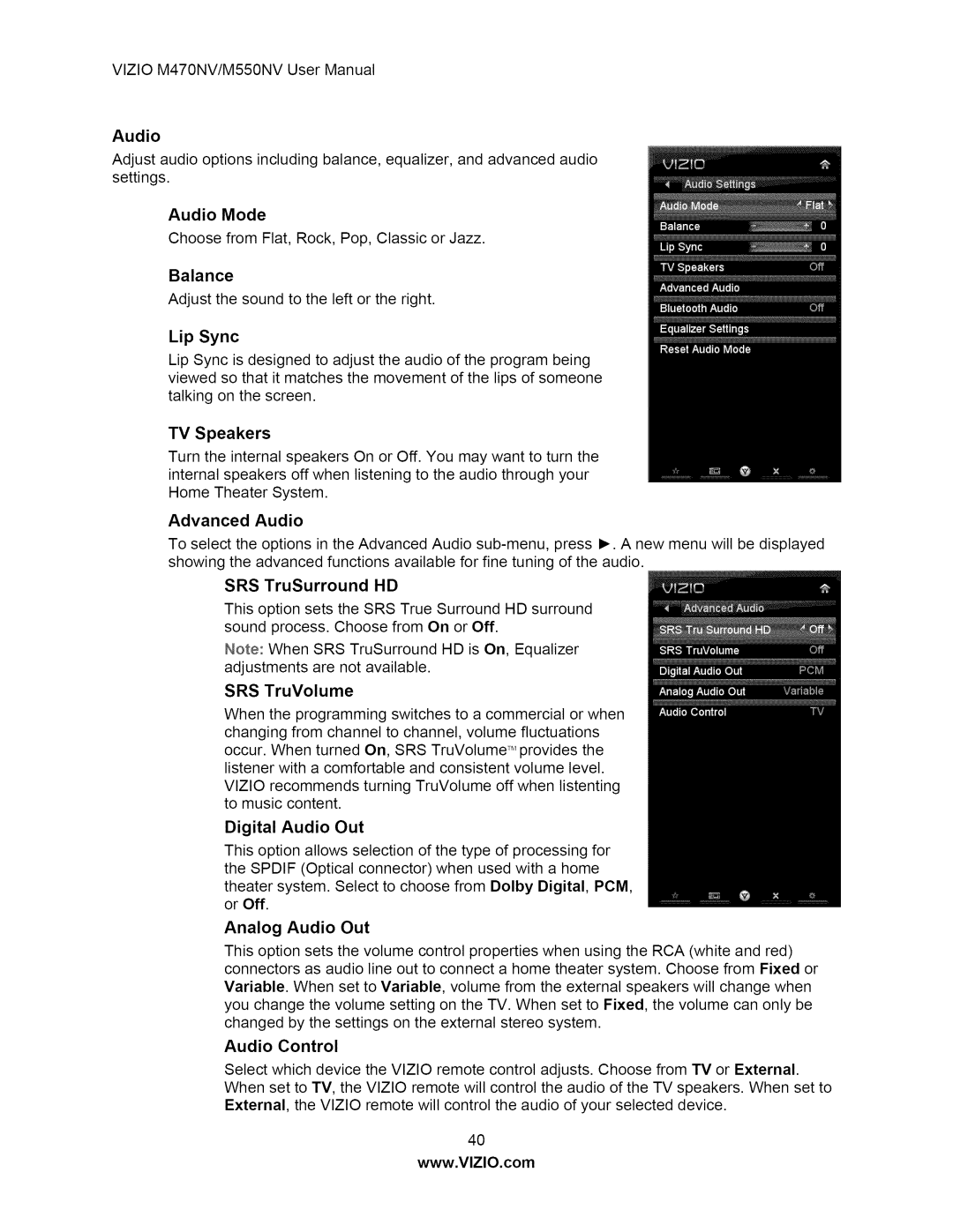 Vizio M550NV user manual TV Speakers, Advanced Audio 