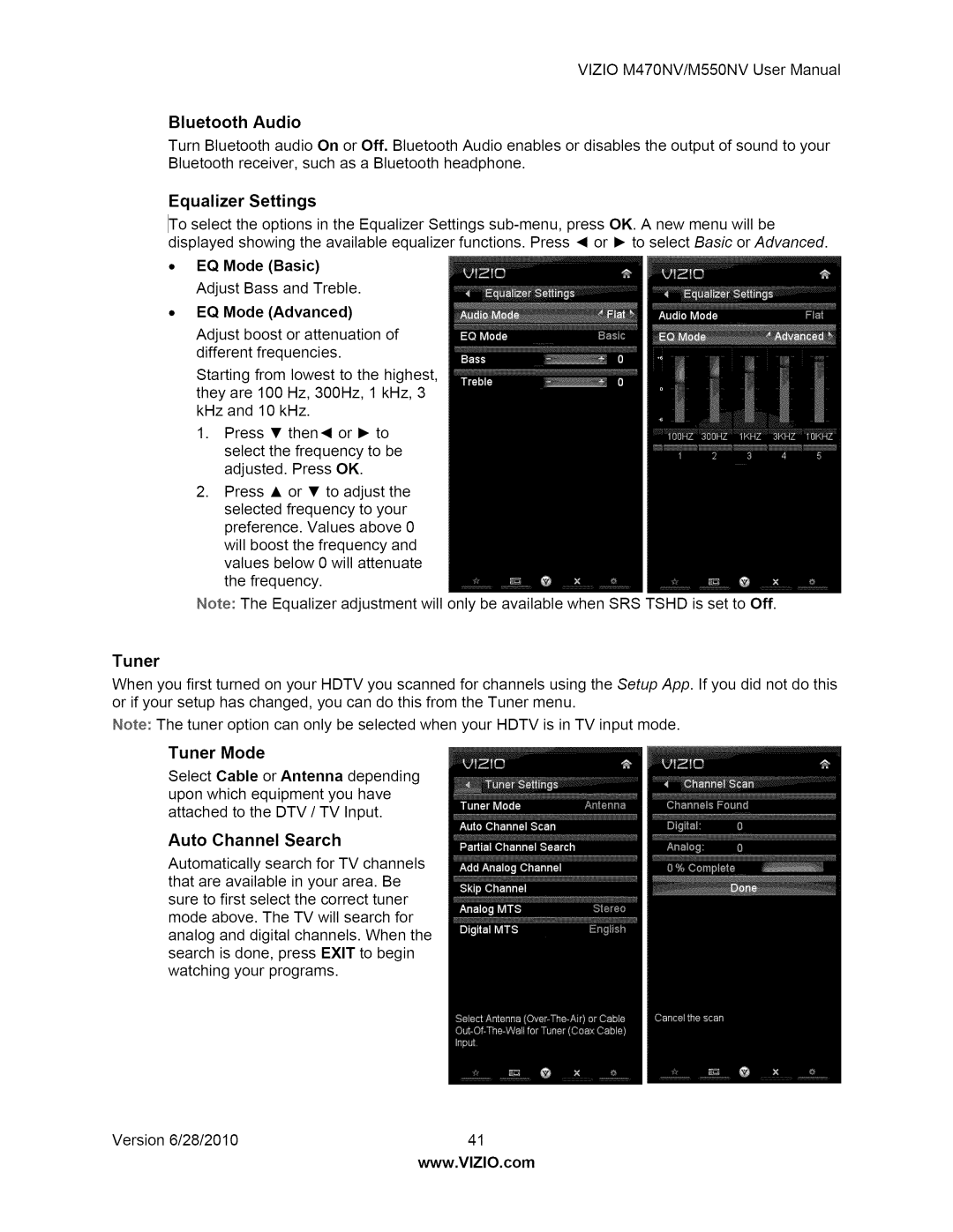 Vizio M550NV Bluetooth Audio, Equalizer Settings, EQ Mode Basic Adjust Bass and Treble, Tuner Mode, Auto Channel Search 