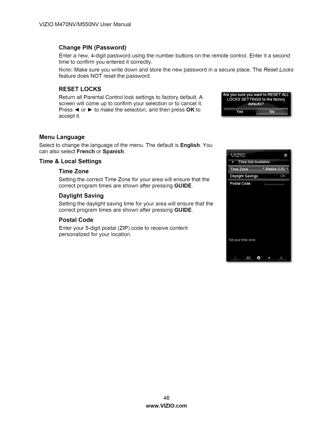 Vizio M550NV user manual Menu Language, Time & Local Settings Time Zone, Daylight Saving 