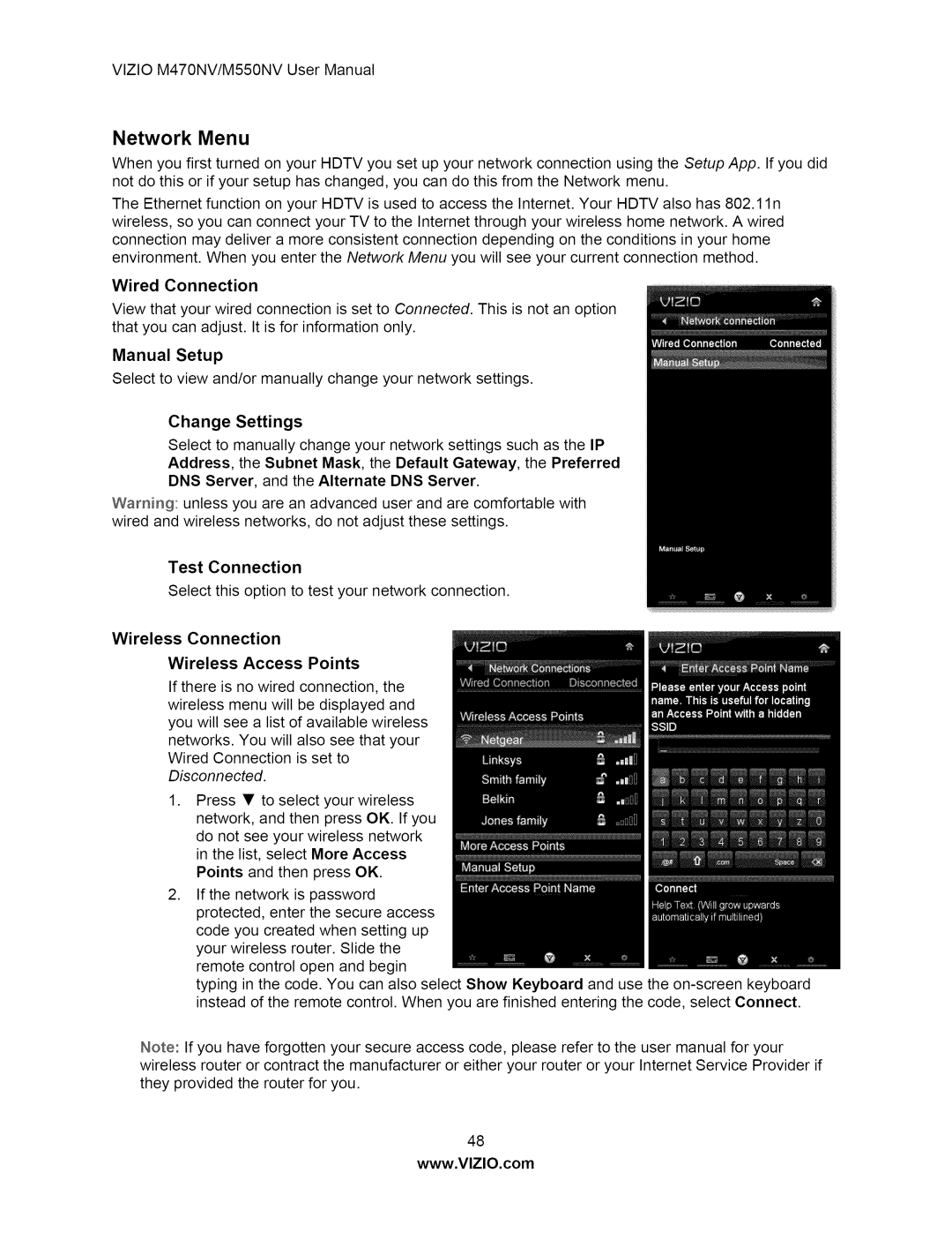 Vizio M550NV user manual Network Menu, Manual Setup, Change Settings, Wireless Access Points 