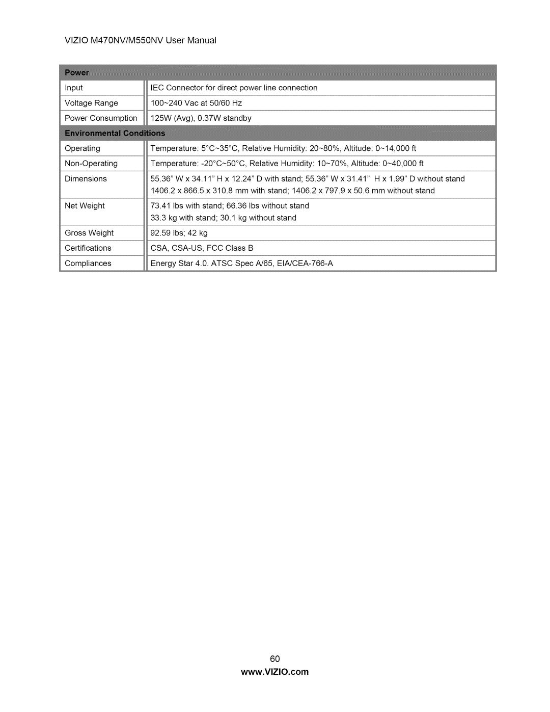 Vizio user manual VlZIOM470NV/M550NVUserManual 