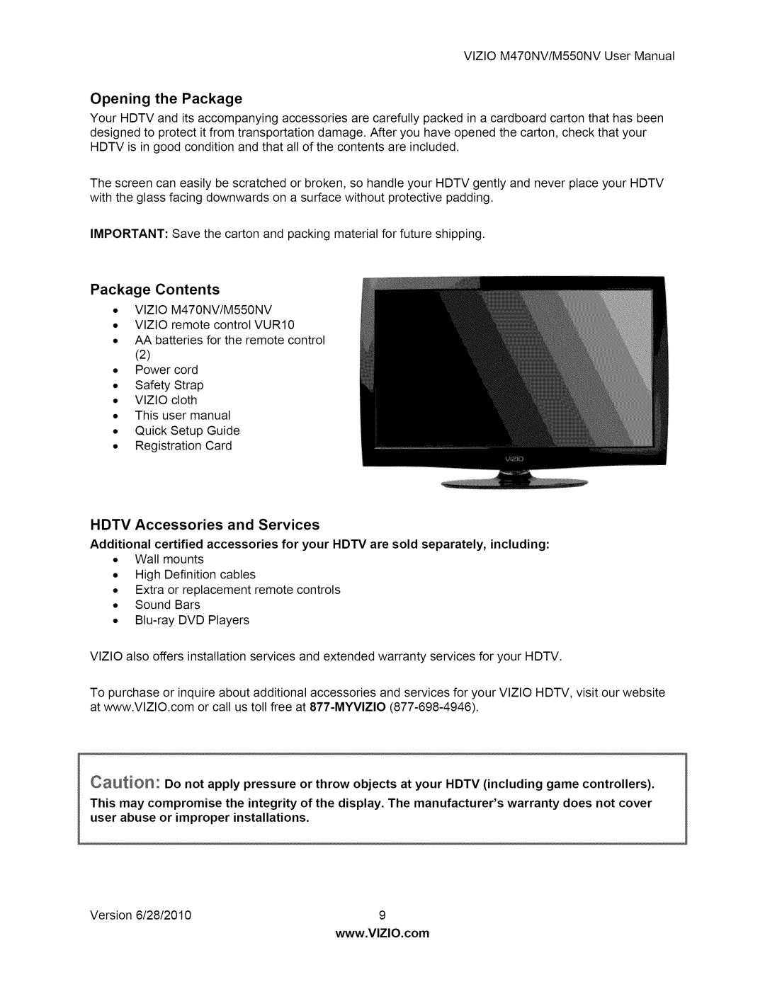 Vizio M550NV user manual Opening the Package 