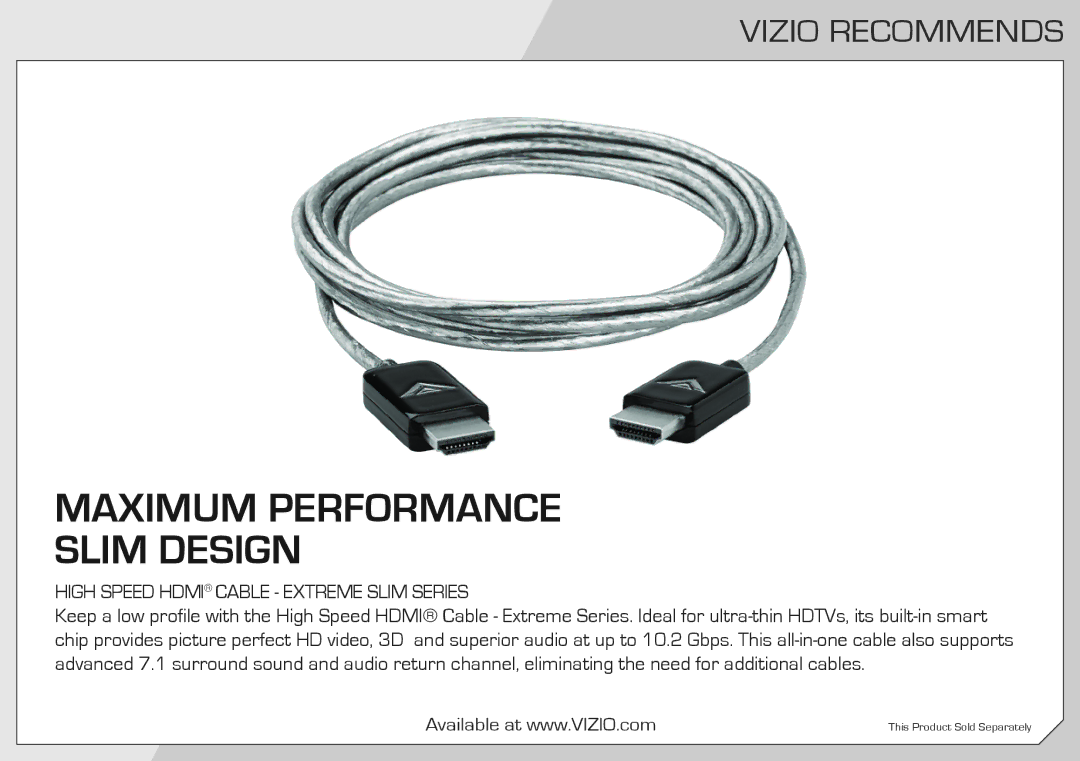 Vizio M550VSE quick start Maximum Performance Slim Design, Vizio Recommends 