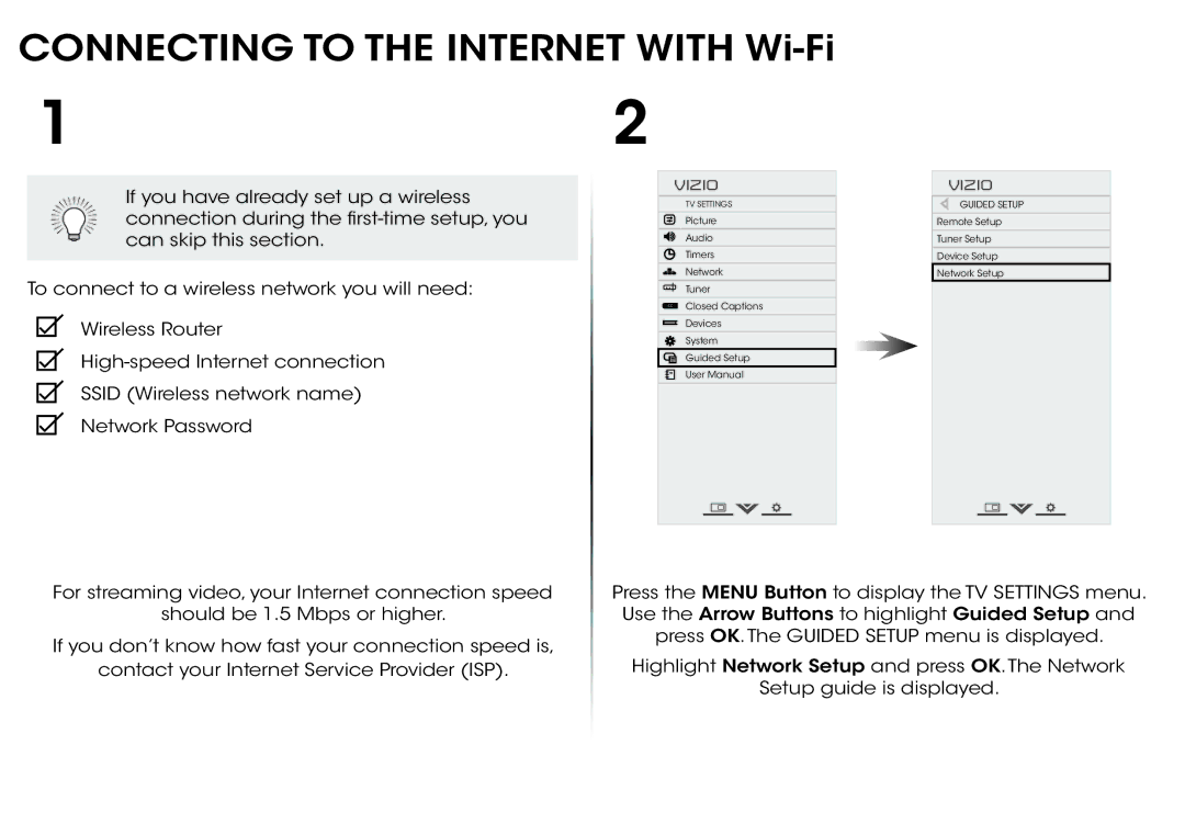 Vizio & M651d-A2, M551d-A2, M501d-A2 manual Connecting to the Internet with Wi-Fi 