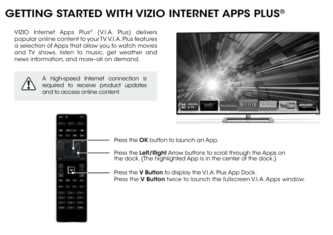 Vizio M551d-A2, M501d-A2, & M651d-A2 manual Getting Started with Vizio Internet Apps Plus 