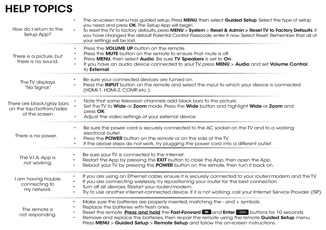 Vizio M551d-A2, M501d-A2, & M651d-A2 manual Help Topics, How do I return to 