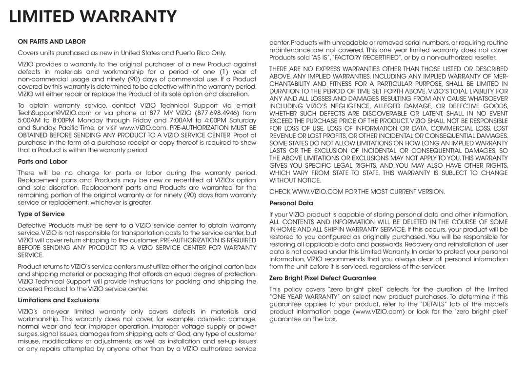 Vizio & M651d-A2, M551d-A2, M501d-A2 manual Limited Warranty, On Parts and Labor 