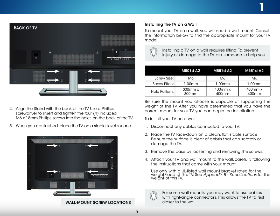 Vizio M551d-A2, M501d-A2, M651d-A2 user manual Back of TV 