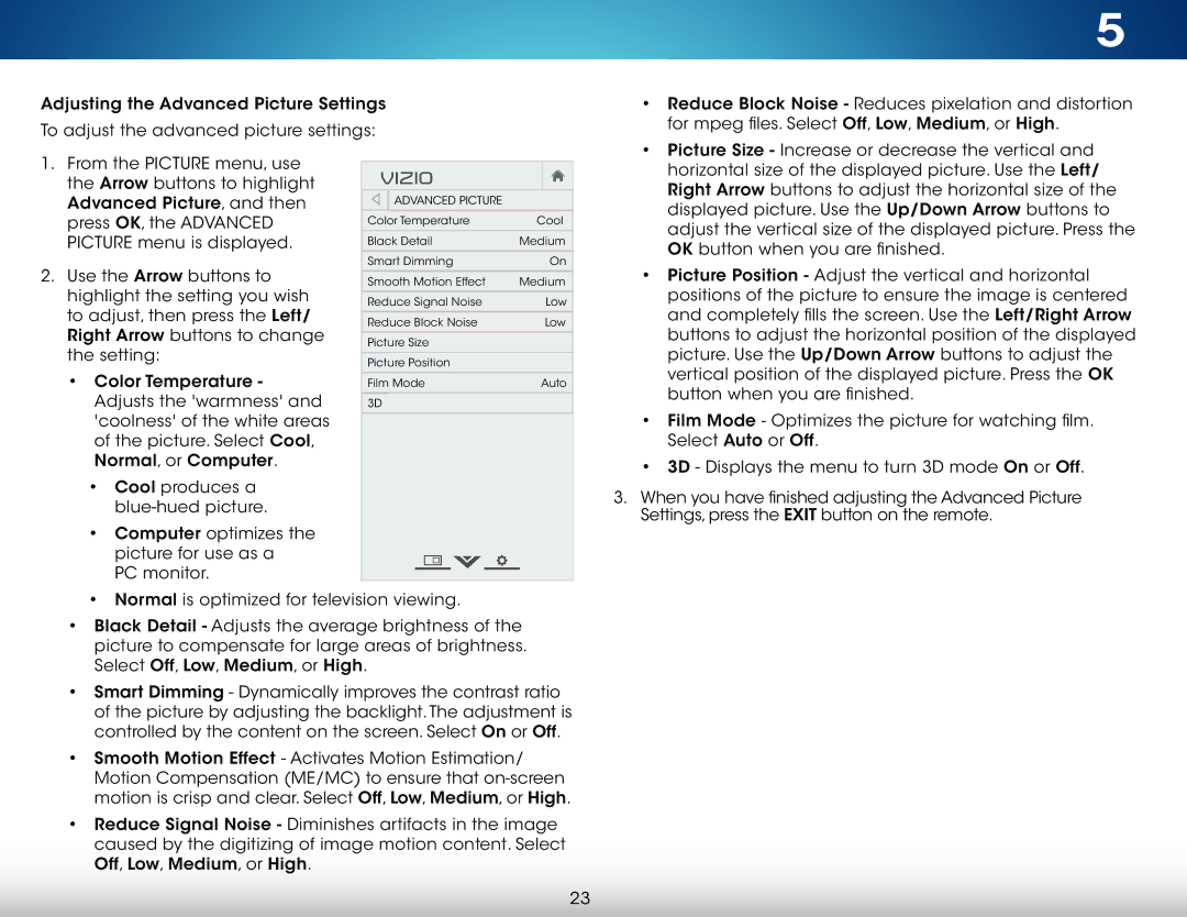 Vizio M551d-A2, M501d-A2, M651d-A2 user manual Advanced Picture 