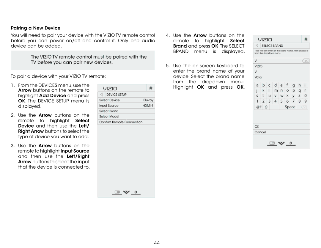 Vizio M551d-A2, M501d-A2, M651d-A2 user manual Select Brand, Device Setup 