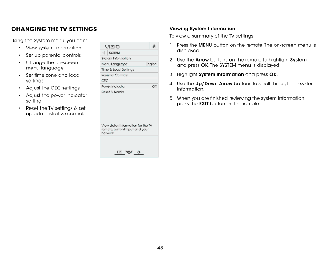 Vizio M501d-A2, M551d-A2, M651d-A2 user manual Changing the TV Settings, System, Cec 