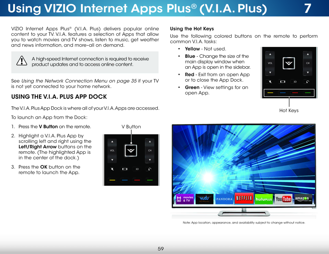 Vizio M551d-A2, M501d-A2, M651d-A2 user manual Using Vizio Internet Apps Plus V.I.A. Plus, Using the V.I.A. Plus APP Dock 