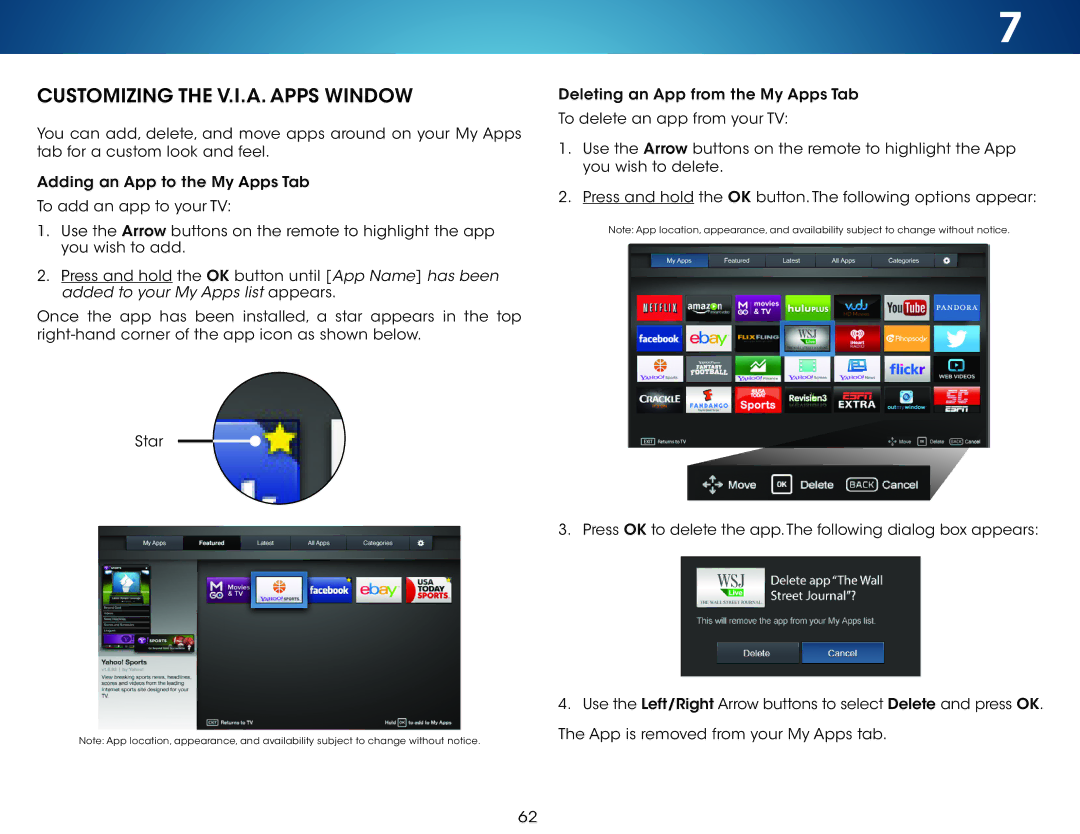 Vizio M551d-A2, M501d-A2, M651d-A2 user manual Customizing the V.I.A. Apps Window 