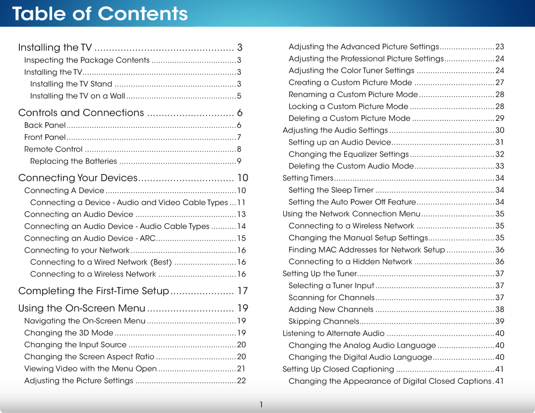 Vizio M651d-A2, M551d-A2, M501d-A2 user manual Table of Contents 