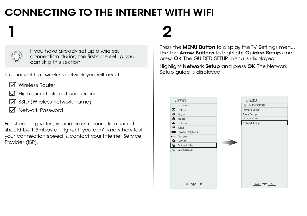 Vizio M501d-A2, M551d-A2, M651d-A2 quick start Connecting to the Internet with Wifi, Vizio 