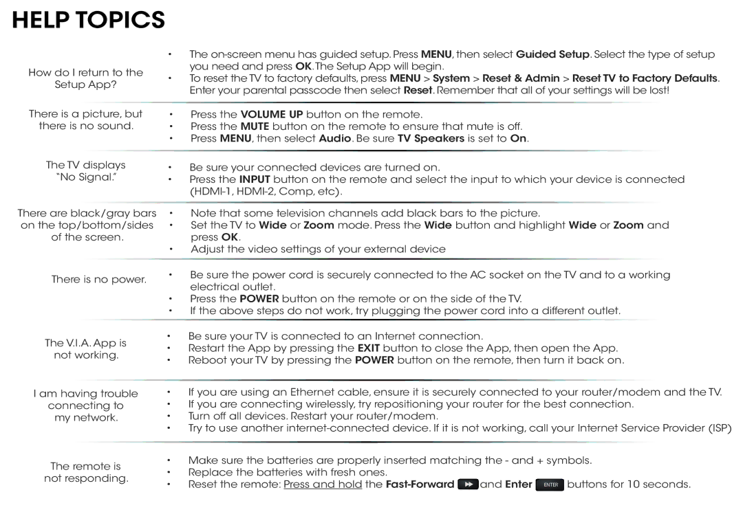 Vizio M551d-A2, M501d-A2, M651d-A2 quick start Help Topics 