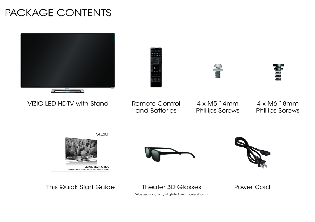 Vizio M651d-A2, M551d-A2, M501d-A2 quick start Package Contents 