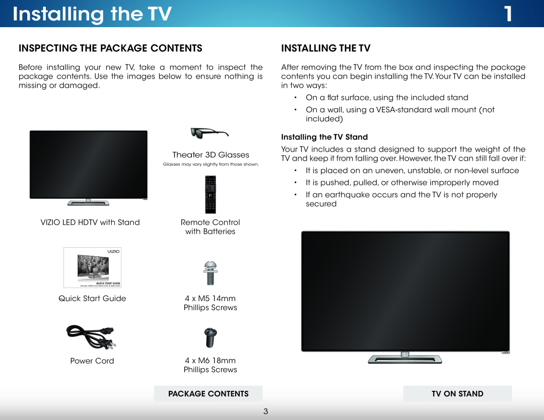 Vizio M501d-A2, M551d-A2, M651d-A2 user manual Installing the TV, Inspecting The Package Contents, Installing The Tv 