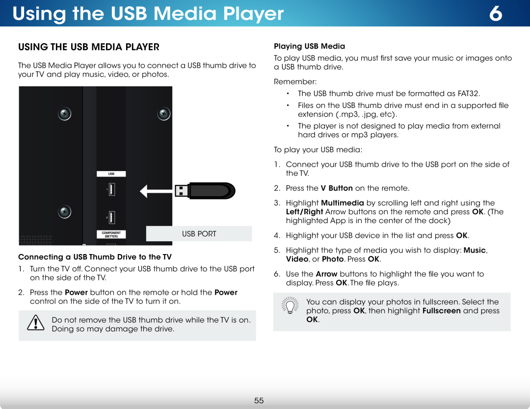 Vizio M651d-A2, M551d-A2, M501d-A2 user manual Using the USB Media Player, Using The Usb Media Player 