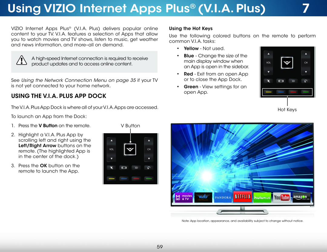 Vizio M551d-A2, M501d-A2, M651d-A2 user manual Using VIZIO Internet Apps Plus V.I.A. Plus, Using The V.I.A. Plus App Dock 