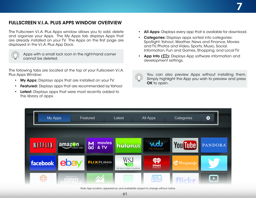 Vizio M651d-A2, M551d-A2, M501d-A2 user manual Fullscreen V.I.A. Plus Apps Window Overview 