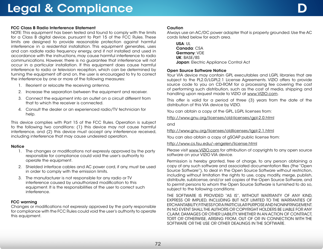 Vizio M501d-A2, M551d-A2, M651d-A2 user manual Legal & Compliance 