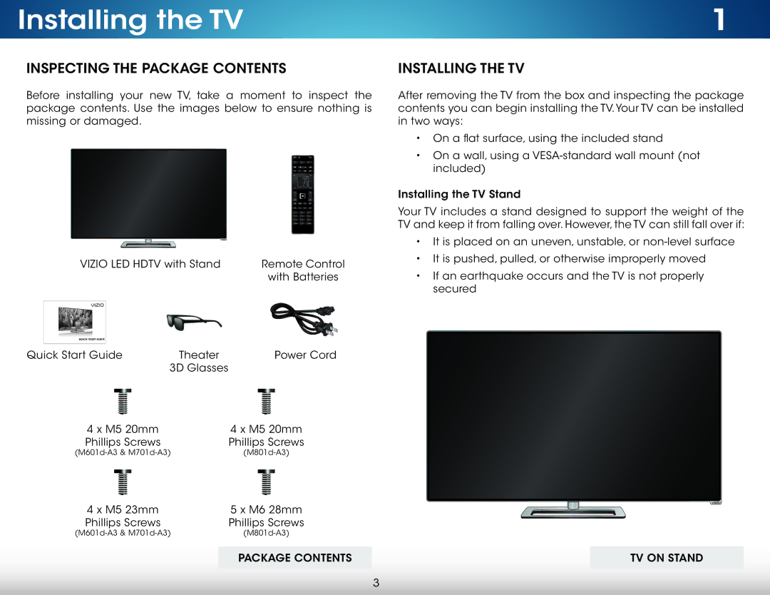 Vizio M601D-A3 user manual Installing the TV, Inspecting the Package Contents 