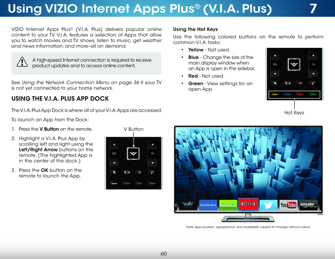 Vizio M601D-A3 user manual Using Vizio Internet Apps Plus V.I.A. Plus, Using the V.I.A. Plus APP Dock 