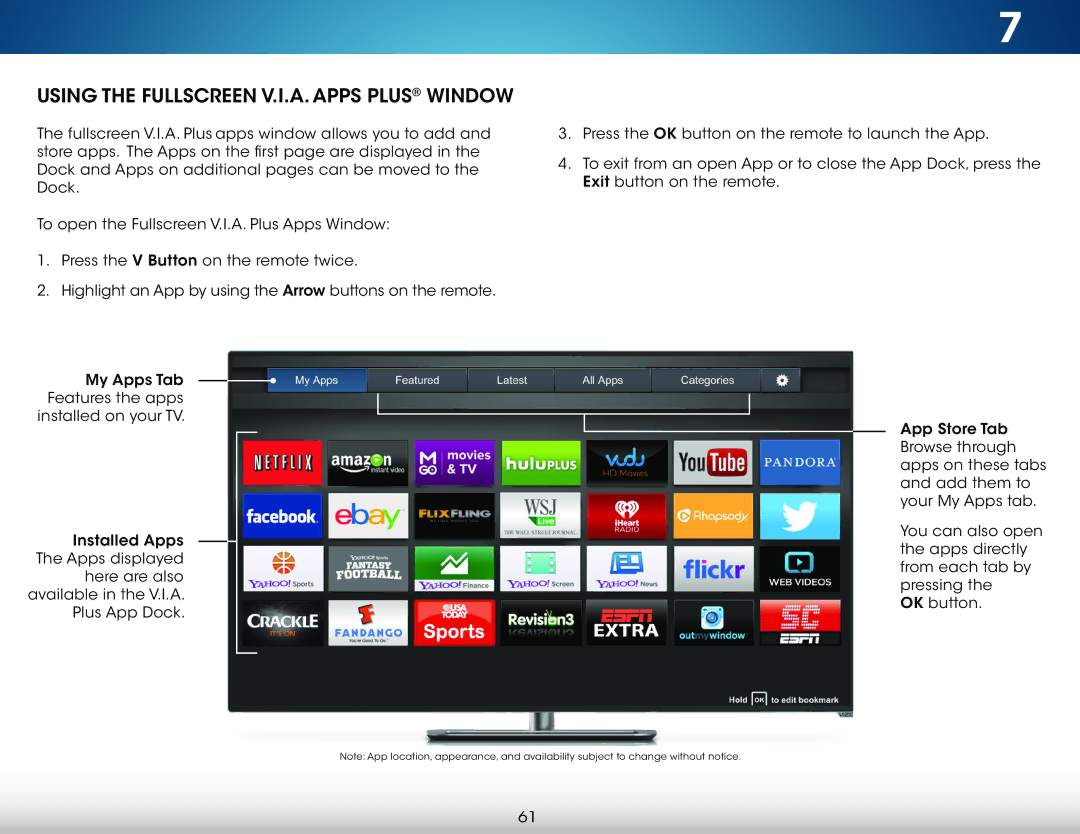 Vizio M601D-A3 user manual Using the Fullscreen V.I.A. Apps Plus Window 