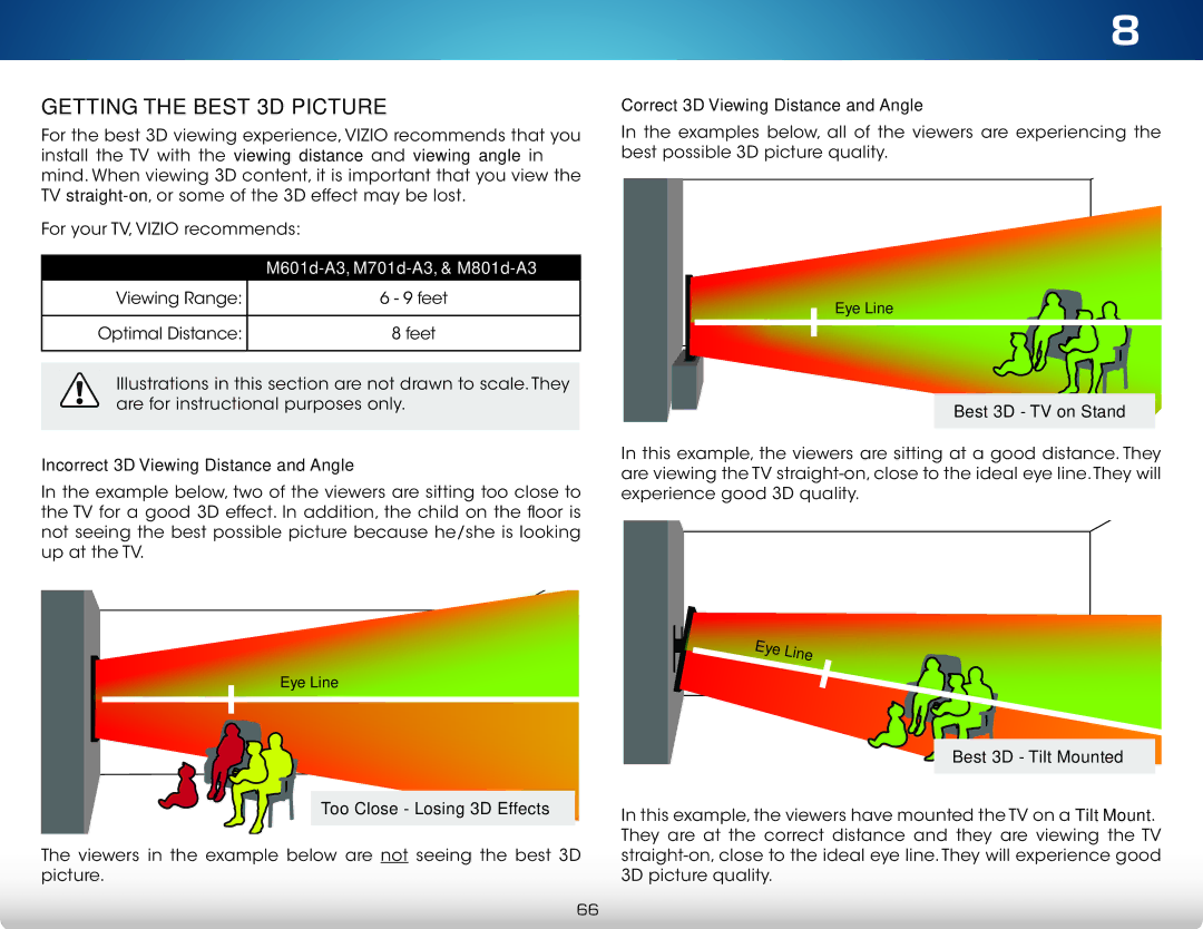 Vizio M601D-A3 user manual Getting the Best 3D Picture, M601d-A3, M701d-A3, & M801d-A3 