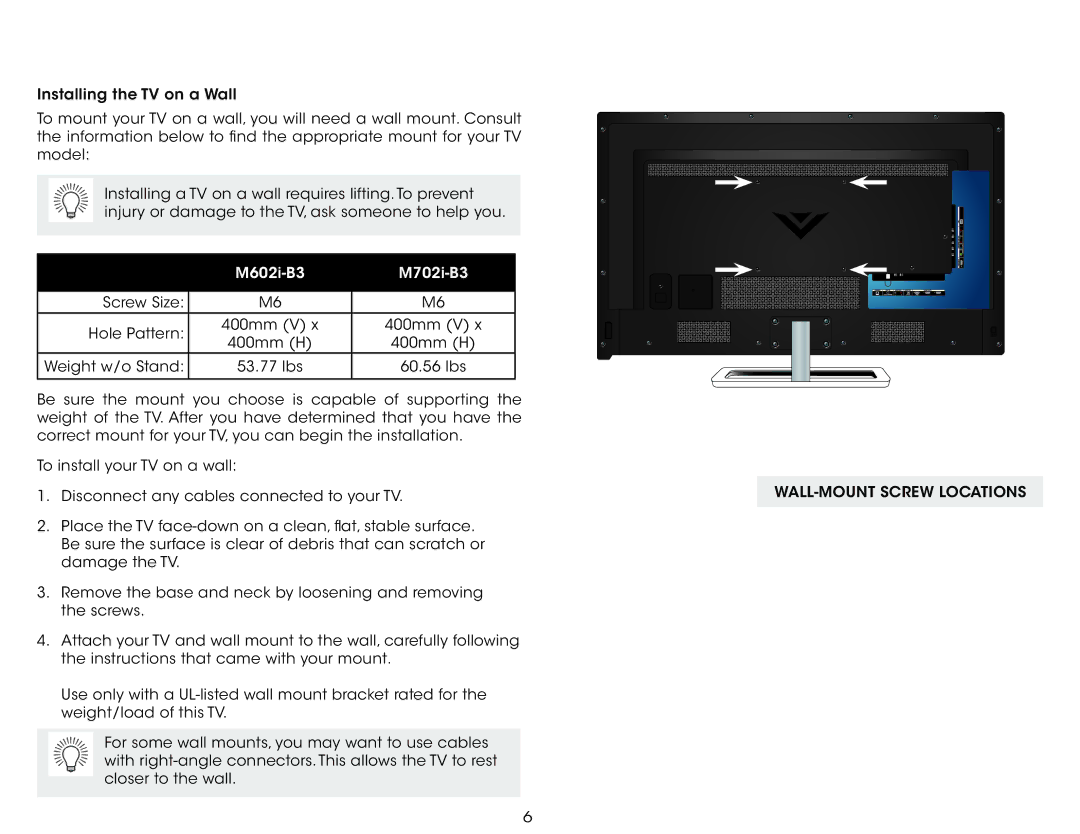 Vizio M602i-B3, M702i-B3 user manual WALL-MOUNT Screw Locations 