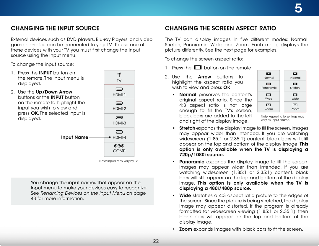 Vizio M602i-B3, M702i-B3 user manual Changing the Input Source, Changing the Screen Aspect Ratio 