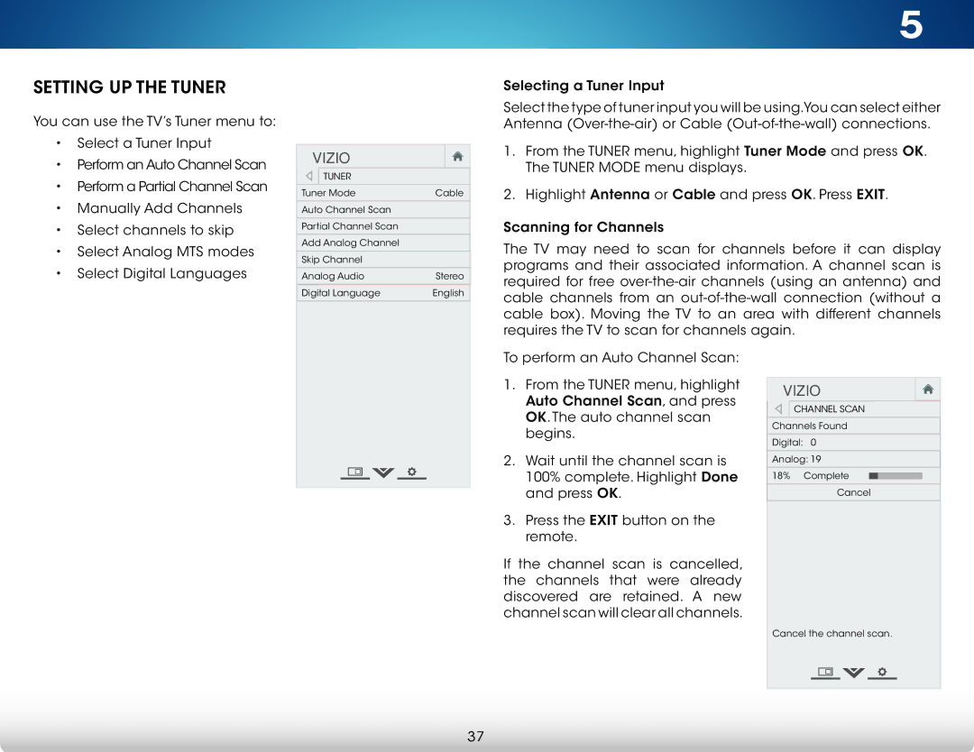 Vizio M702i-B3, M602i-B3 user manual Setting UP the Tuner 