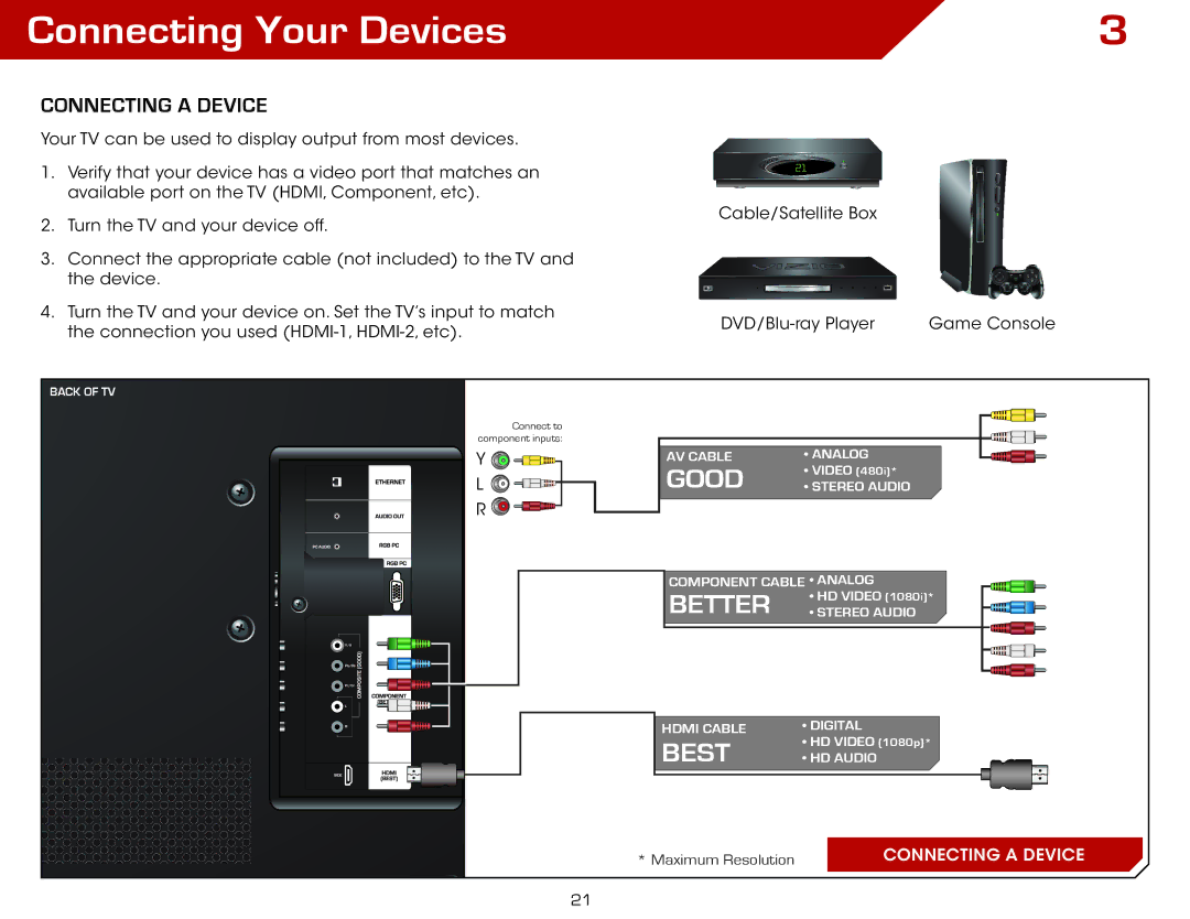 Vizio M470VSE, M650VSE warranty Connecting Your Devices, Connecting a Device 