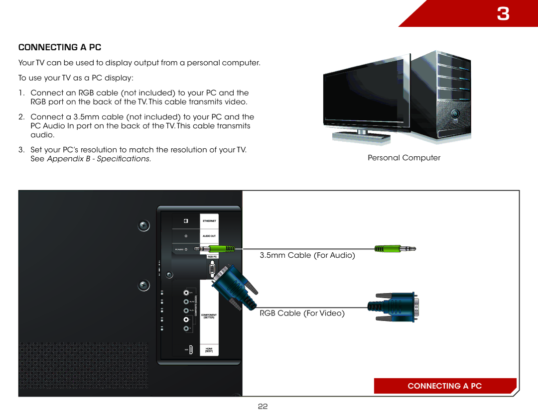 Vizio M650VSE, M470VSE warranty Connecting a PC 