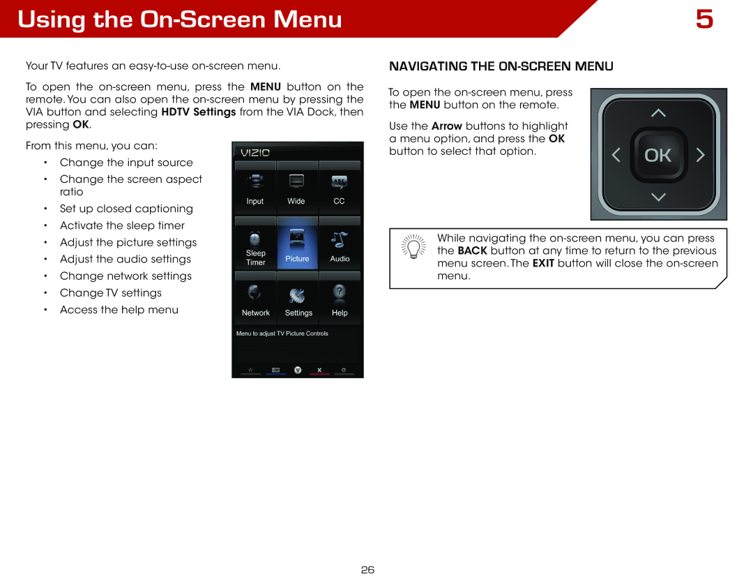 Vizio M650VSE, M470VSE warranty Using the On-Screen Menu, Navigating the ON-SCREEN Menu 