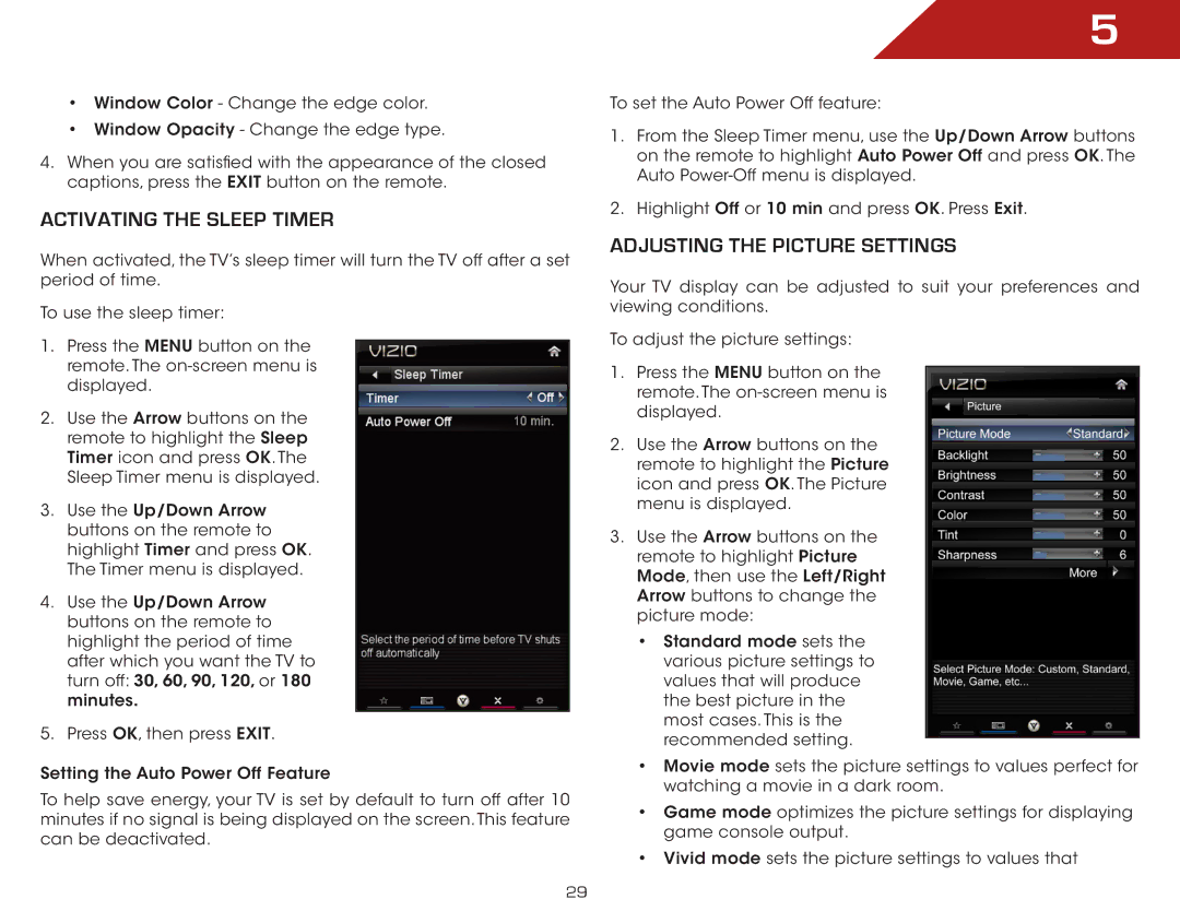 Vizio M470VSE, M650VSE warranty Activating the Sleep Timer, Adjusting the Picture Settings 