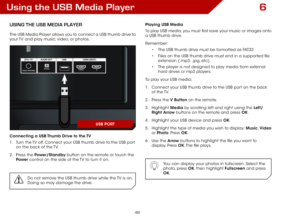 Vizio M650VSE, M470VSE warranty Using the USB Media Player 