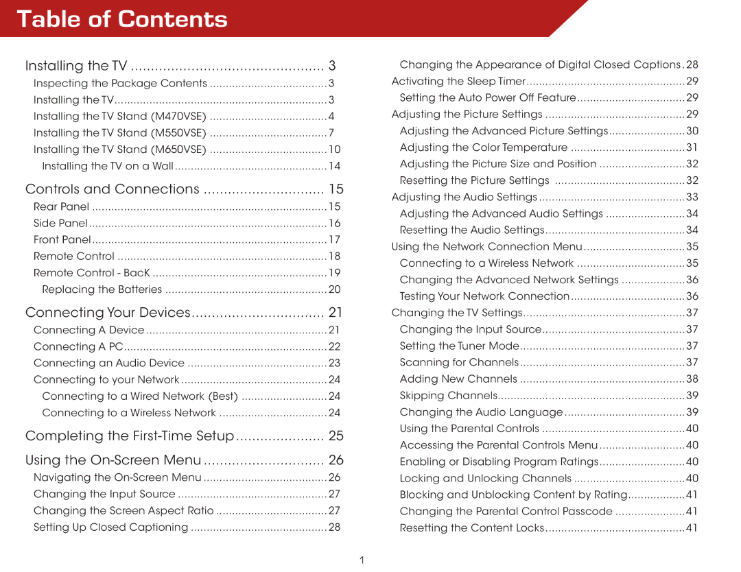 Vizio M470VSE, M650VSE warranty Table of Contents 