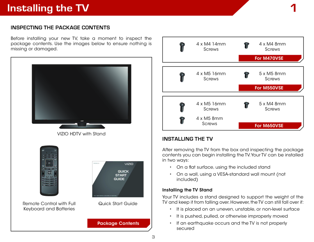 Vizio M470VSE, M650VSE warranty Installing the TV, Inspecting the Package Contents 