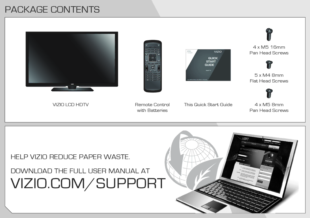 Vizio M650VSE quick start Package Contents 