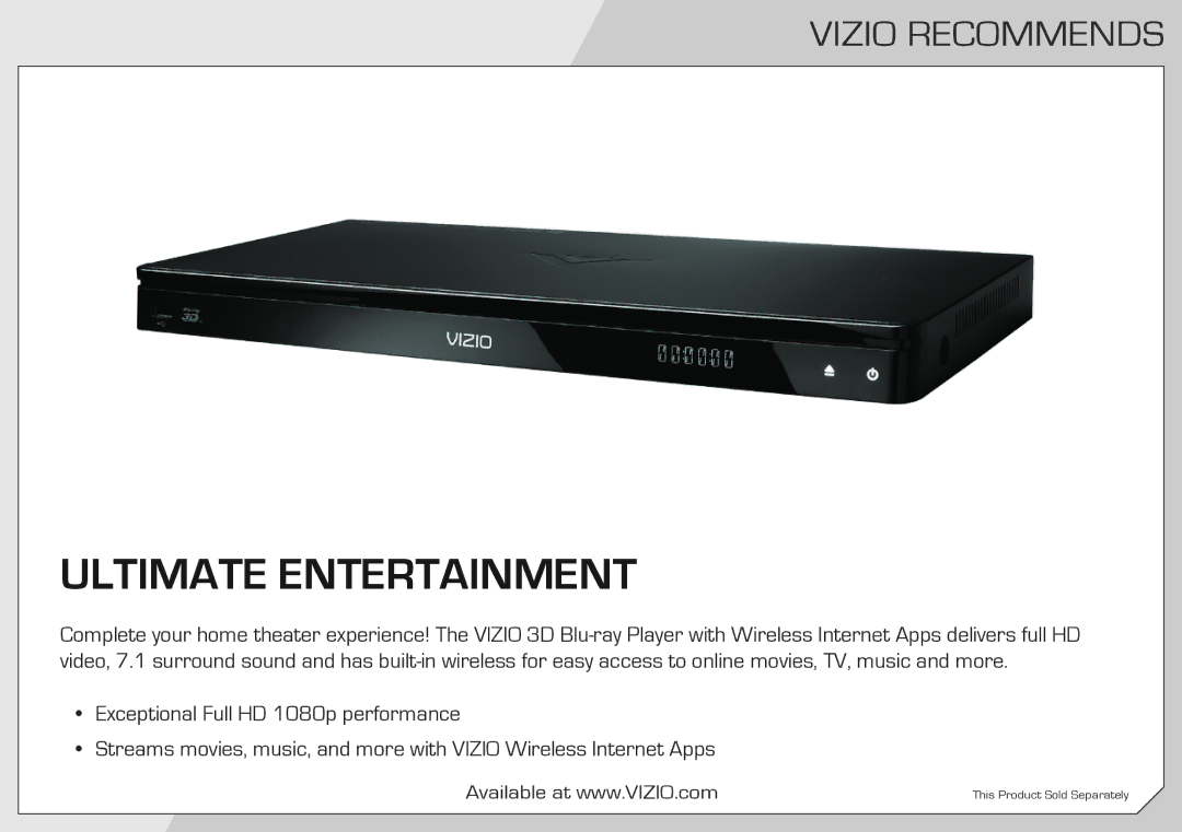 Vizio M650VSE quick start Ultimate Entertainment, Vizio Recommends 