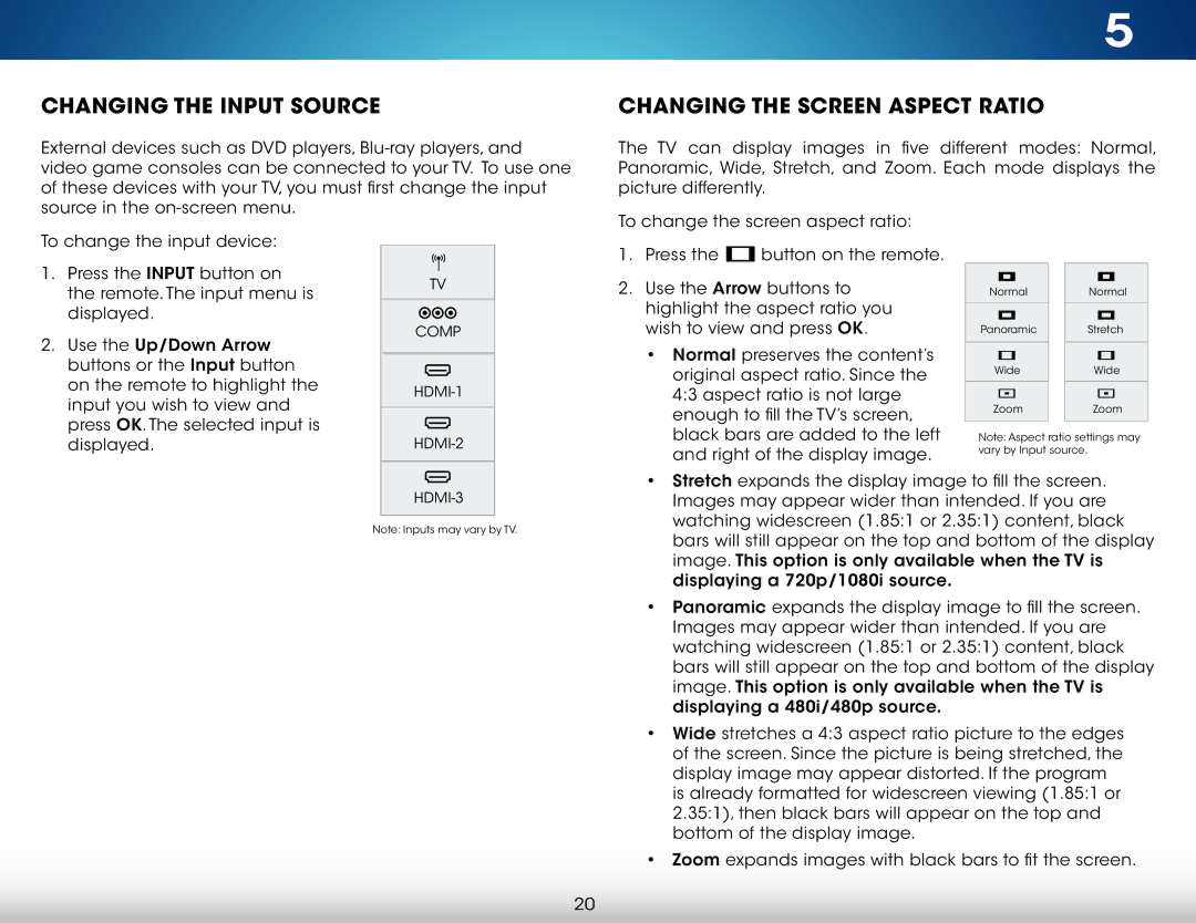 Vizio M551DA2R, M651D-A2R, M501DA2R, M551D-A2R user manual Changing the Input Source, Changing the Screen Aspect Ratio 