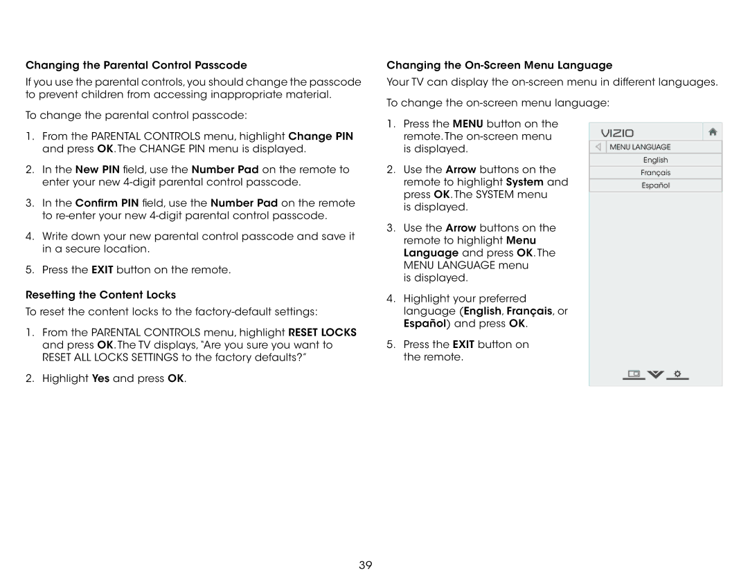 Vizio M551D-A2R, M651D-A2R, M501DA2R, M551DA2R user manual Menu Language 