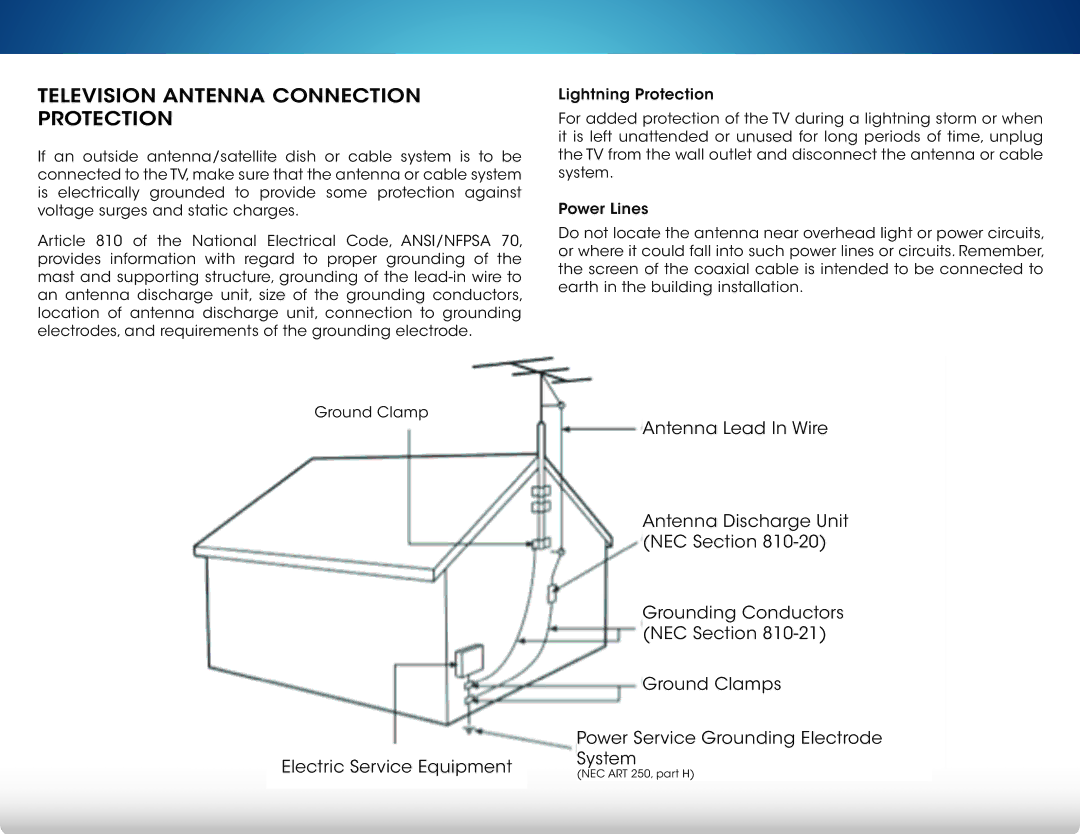 Vizio M551DA2R, M651D-A2R, M501DA2R, M551D-A2R user manual Television Antenna Connection Protection 