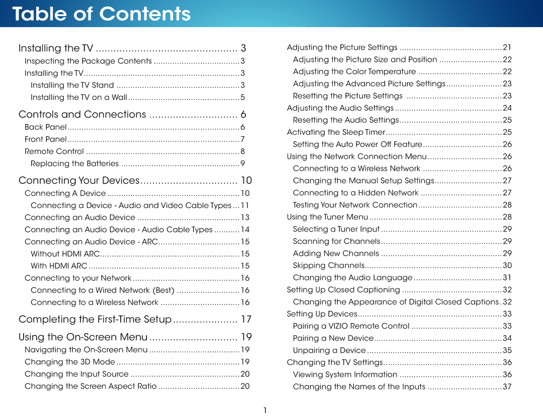 Vizio M651D-A2R, M501DA2R, M551D-A2R, M551DA2R user manual Table of Contents 