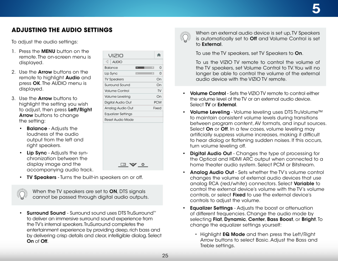 Vizio M601D-A3R, M801DA3, M701D-A3R, M701DA3R, M601DA3R, M801D-A3 user manual Adjusting the Audio Settings 